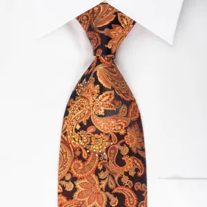 Lancetti Rhinestone Necktie Orange Paisley On Brown Silk With Silver Sparkles