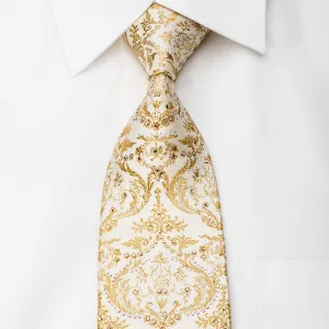 Metro City Rhinestone Silk Necktie Gold Damask On Ivory With Gold Sparkles