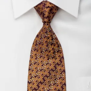 Mila Schon Rhinestone Silk Necktie Golden Floral & Silver Scrolls On Brown With Gold Sparkles