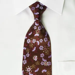 Paco Rabanne Rhinestone Necktie Purple Floral On Brown With Silver Sparkles