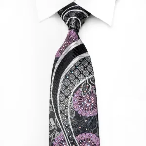 Perry Ellis Men's Crystal Rhinestone Necktie Silver Purple Waves & Floral On Black With Silver Sparkles