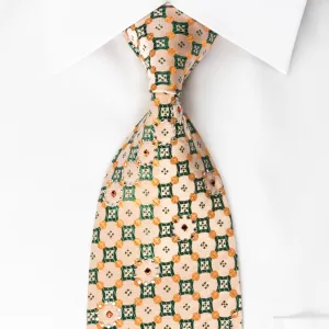 Perry Ellis Rhinestone Necktie Green Checker Foulard On Peach With Silver Sparkles