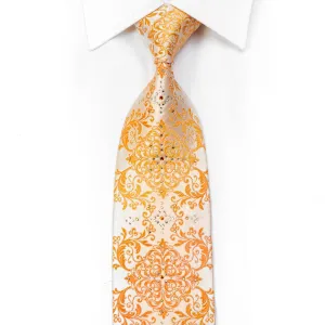 Perry Ellis Rhinestone Silk Necktie Orange Damask On Peach With Sparkles