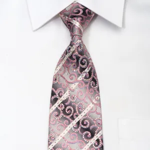 Pierre Cardin Men's Rhinestone Silk Necktie Pink Scrolls On Silver With Sparkles