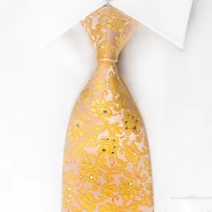 Pierre Cardin Silk Tie Yellow Orange Floral On White Pink With Yellow White Crystal Rhinestones