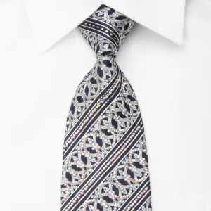 Premierlux Mens Rhinestone Silk Necktie Silver Cartouche On Navy With Sparkles