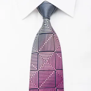 Renoma Rhinestone Necktie Purple Silver Geometric Square Spirals On Navy Silk With Sparkles