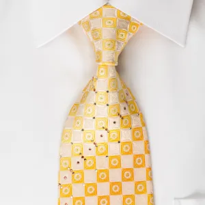 Renoma Rhinestone Silk Necktie Yellow Orange White Checkered With Green Sparkles