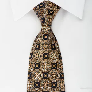 Roberta di Camerino Mens Rhinestone Silk Necktie Golden Medallions On Navy With Silver Sparkles