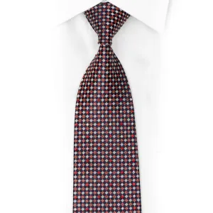 Silver Red Checkered On Navy Blue Rhinestone Silk Necktie With Gold Sparkles